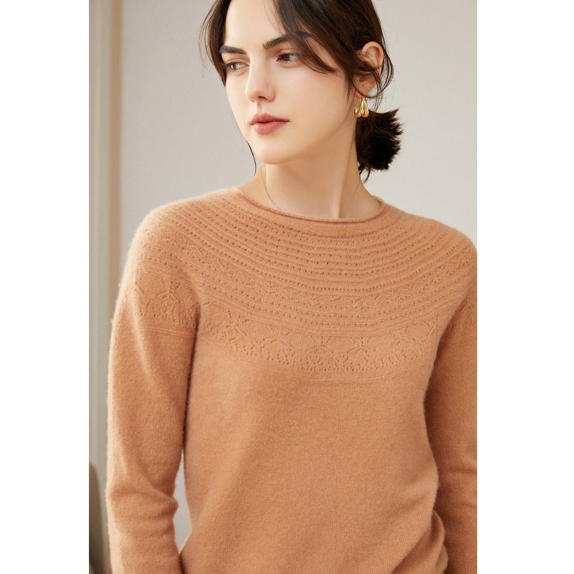 Womens Cashmere Pointelle Yoke Sweater Hollow - out Crewneck Sweater