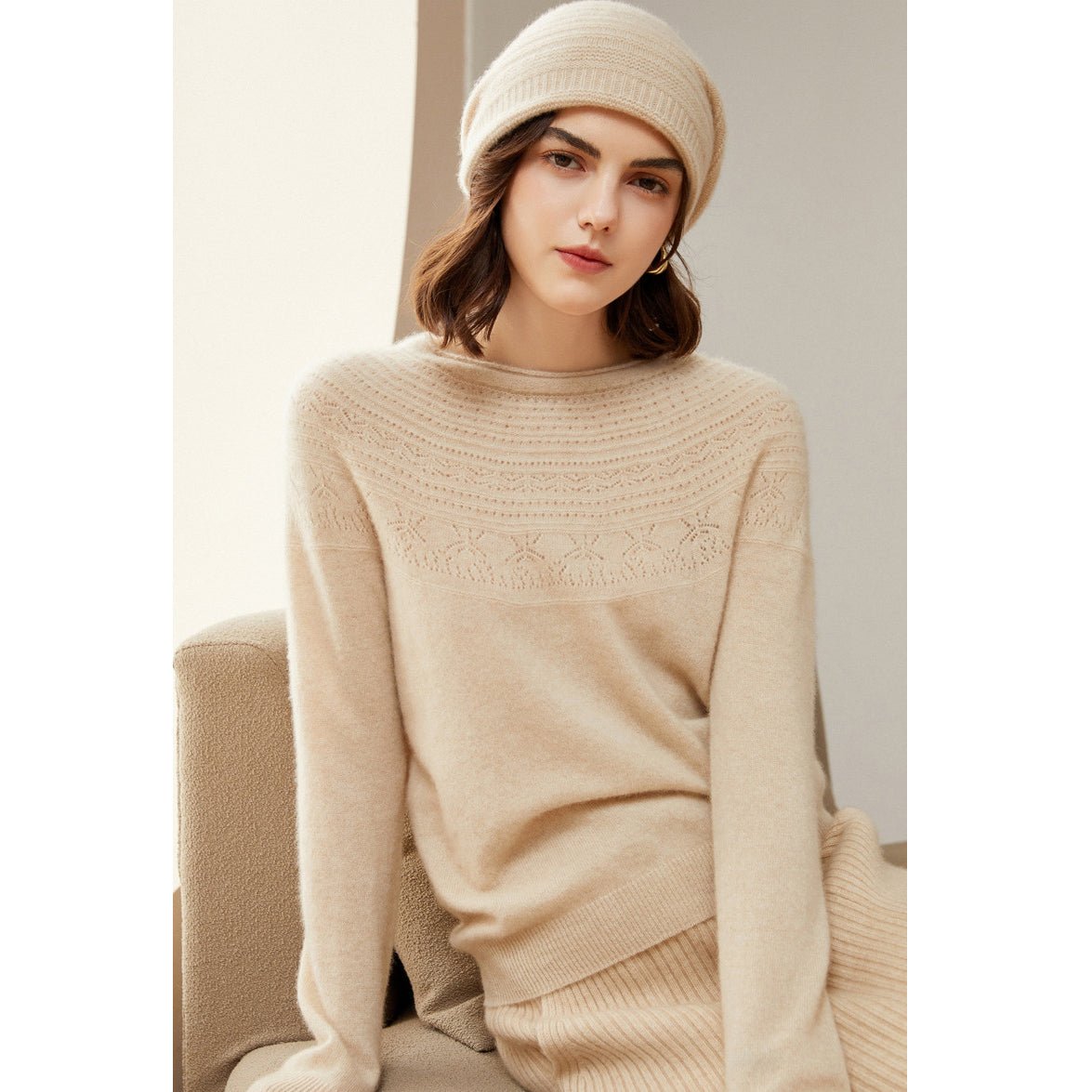 Womens Cashmere Pointelle Yoke Sweater Hollow - out Crewneck Sweater
