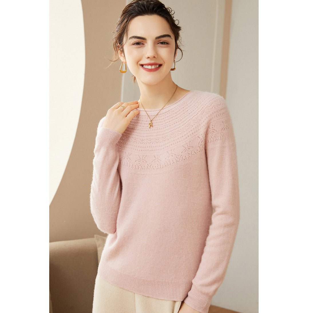 Womens Cashmere Pointelle Yoke Sweater Hollow - out Crewneck Sweater