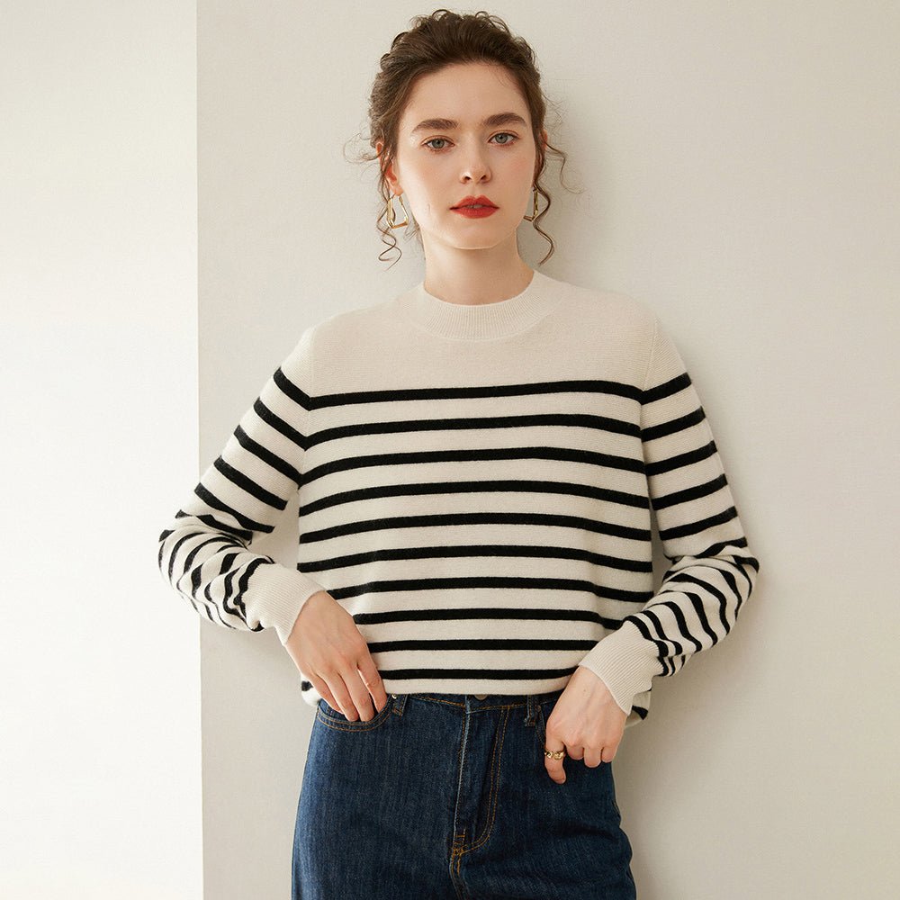 Womens Black and White Striped Crew Neck Cashmere Sweater Ivory XS