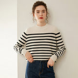 Womens Black and White Striped Crew Neck Cashmere Sweater Ivory XS