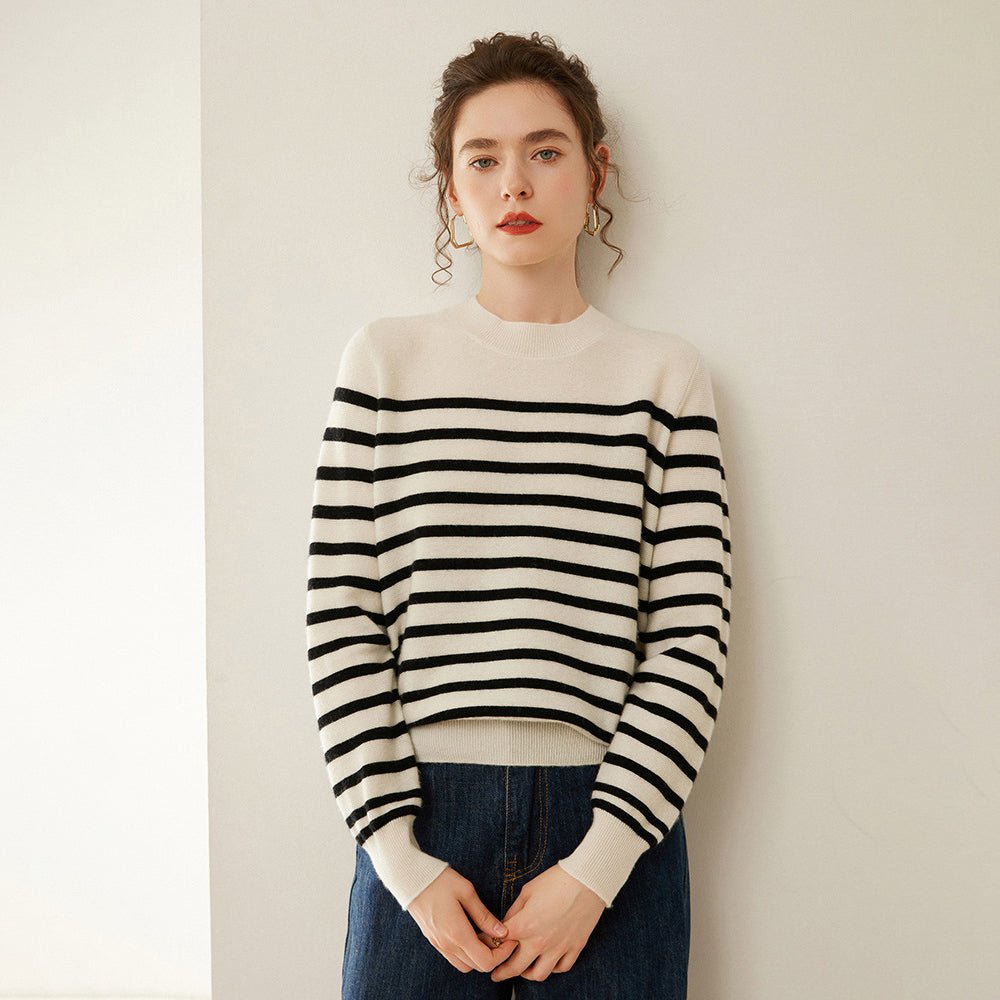 Womens Black and White Striped Crew Neck Cashmere Sweater Ivory XS
