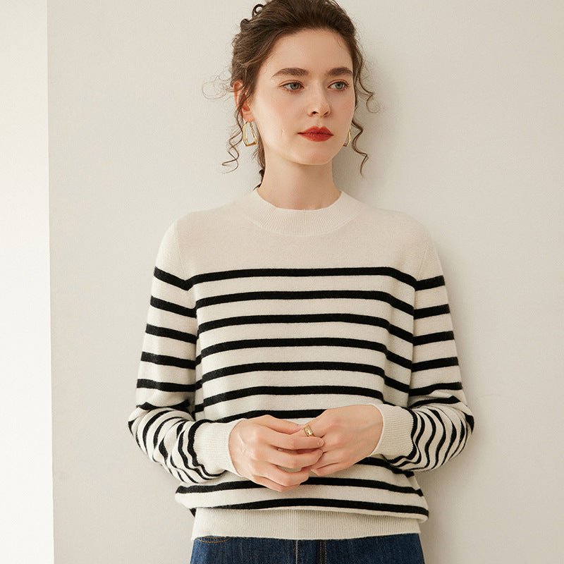 Womens Black and White Striped Crew Neck Cashmere Sweater Ivory XS