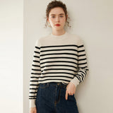 Womens Black and White Striped Crew Neck Cashmere Sweater Ivory XS