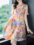 Womens Blue Floral Print Silk Mini Dress Ruffle Hem Short Silk Dress (Copy)