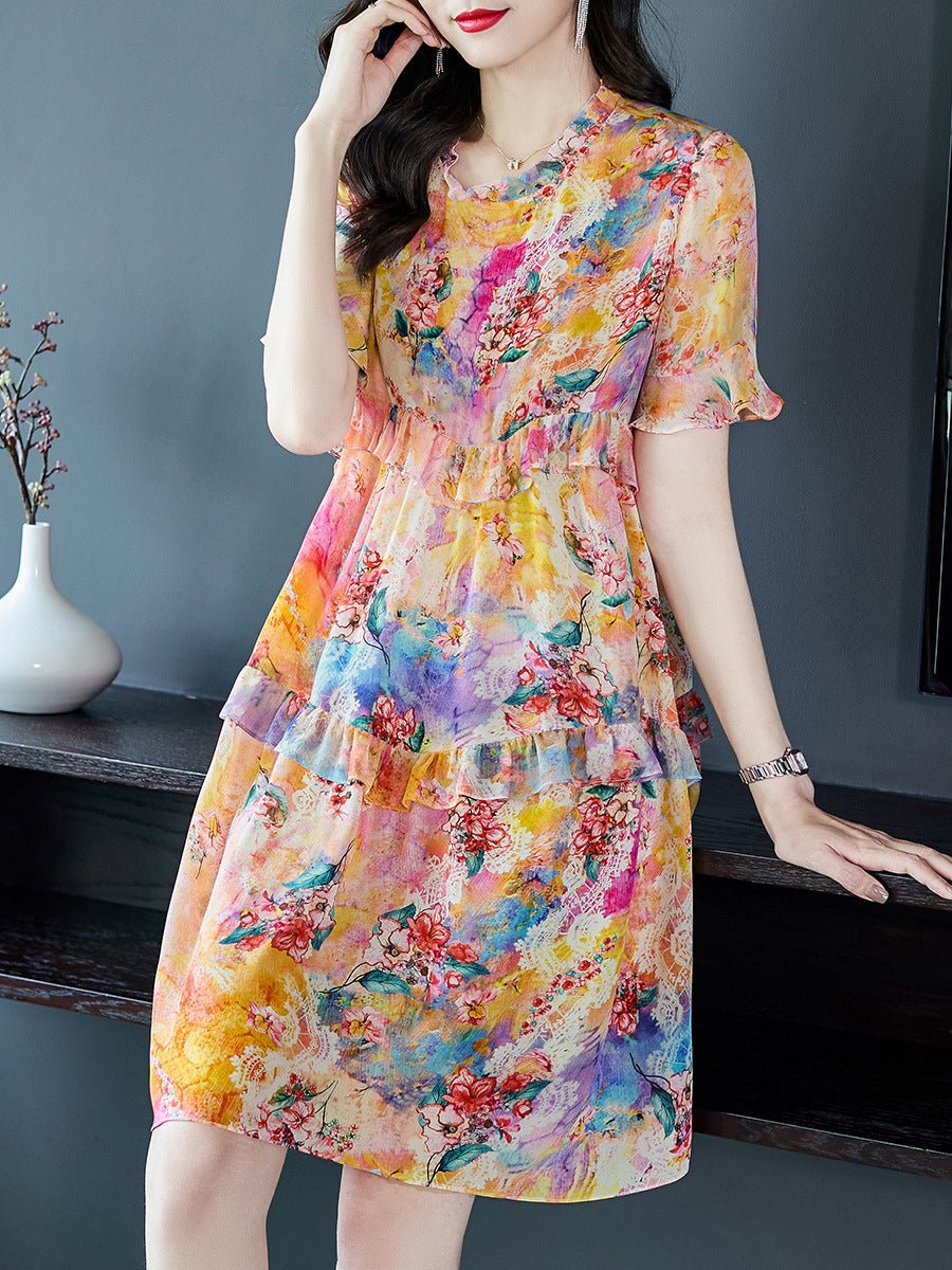 Womens Blue Floral Print Silk Mini Dress Ruffle Hem Short Silk Dress (Copy)