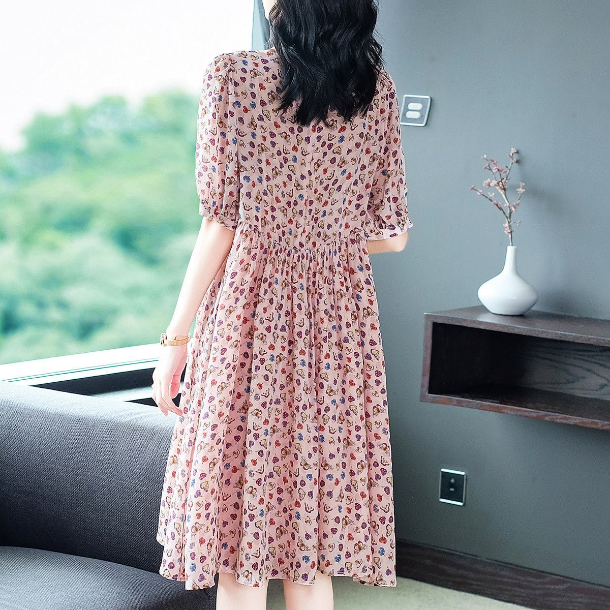 Womens Blush Pink Silk Midi Dress Petite Floral Print Long Silk Dreess