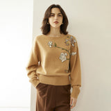 Womens Boat Neck Cashmere Sweater Embroidery Flowers Cashmere Pullover