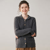 Womens Cable Knit Cashmere Cardigan Peter Pan Collar Cashmere Sweater Gray XS