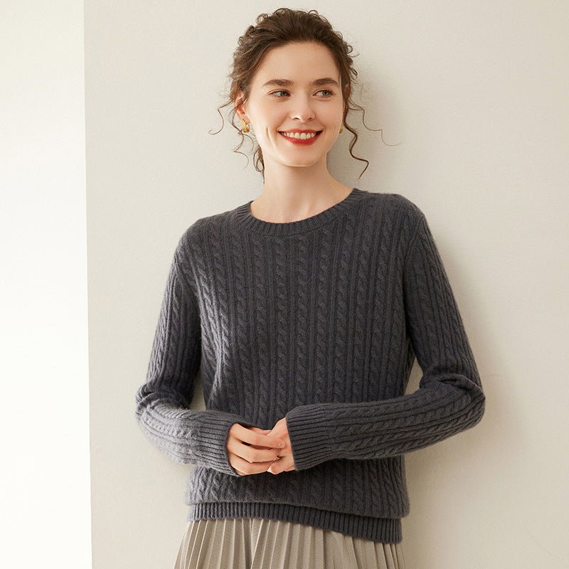 Womens Cable Knit Cashmere Sweater Crew Neck Cashmere Top Gray XS