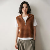 Womens Cable Knit Cashmere Vest Zip Mock Neck Cashmere Sweater Vest Beige XS