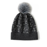 Womens Cashmere Beanie with Fur Pom Patterned Cashmere Hat Ribbed Hem
