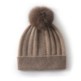 Womens Cashmere Beanie with Real Fur Pom Cashmere Hat Removable Pom