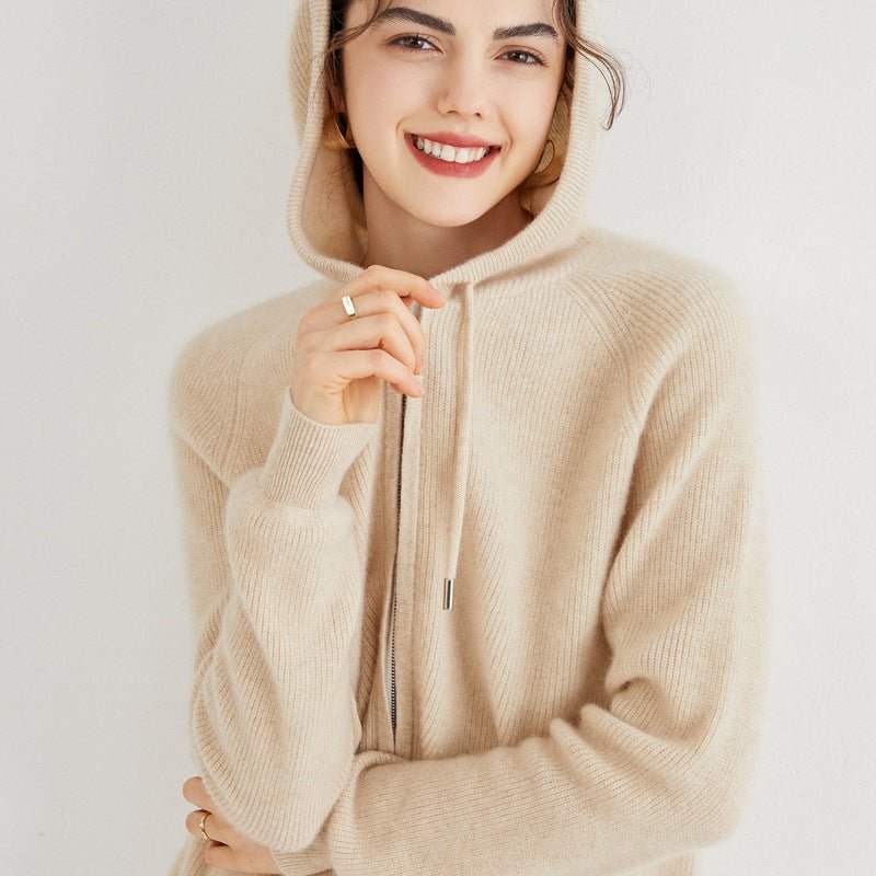 Womens Cashmere Zip - Up Hoodie Drawstring Knitted Cashmere Cardigan
