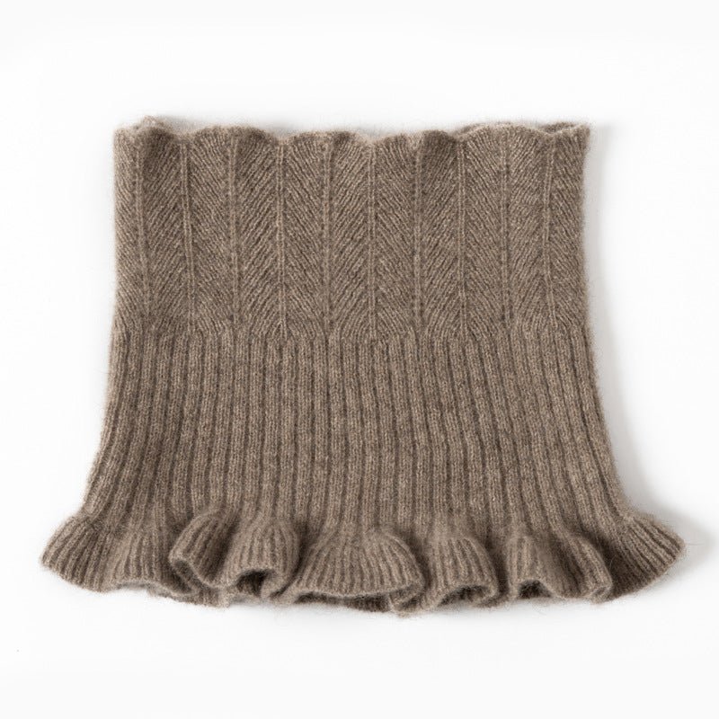 Womens Cashmere Neck Warmer Ribbed Knit Cashmere Snood with Ruffled Edge Taupe M