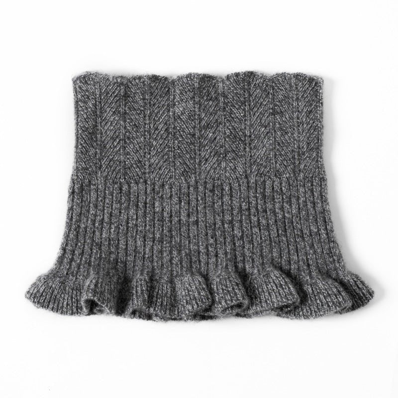Womens Cashmere Neck Warmer Ribbed Knit Cashmere Snood with Ruffled Edge Black Gray M