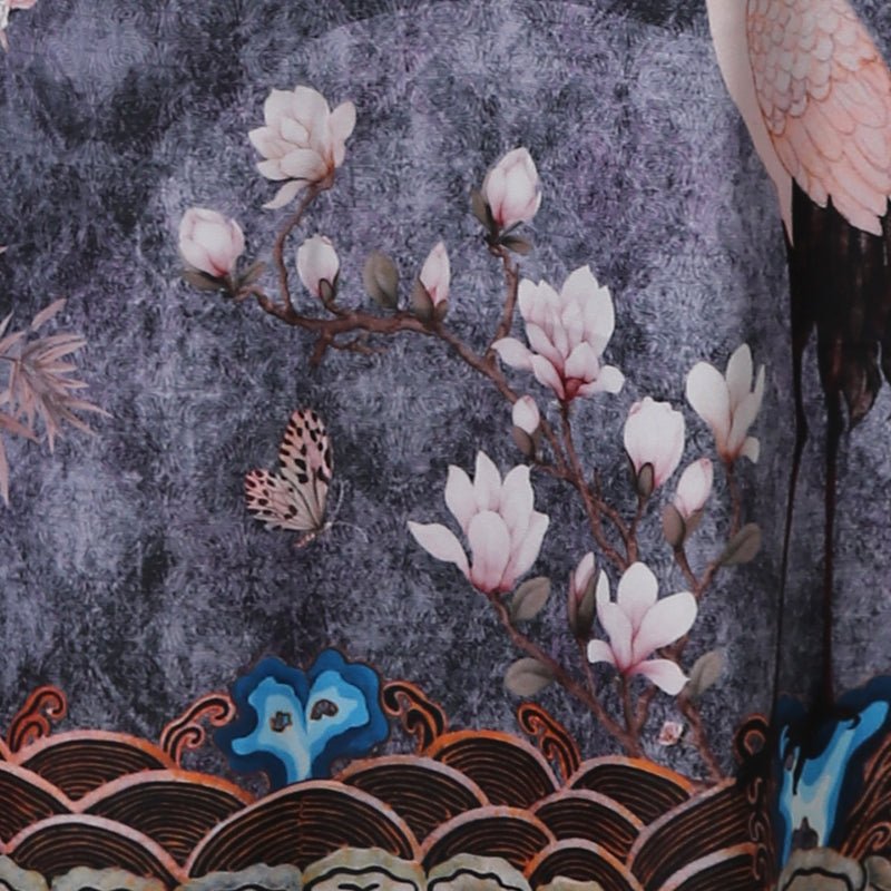 Women's Cranes Print Silk Kimono Robe Blossoms Silk Robe