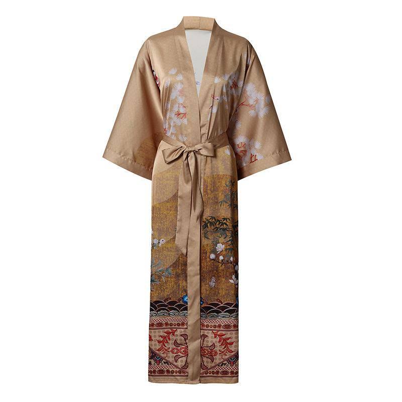 Women's Cranes Print Silk Kimono Robe Blossoms Silk Robe