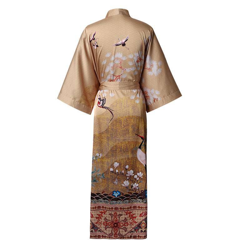 Women's Cranes Print Silk Kimono Robe Blossoms Silk Robe