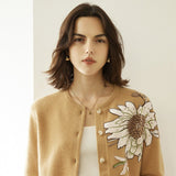 Womens Floral Embroidered Cashmere Cardigan Crew Neck Sunflower Coat