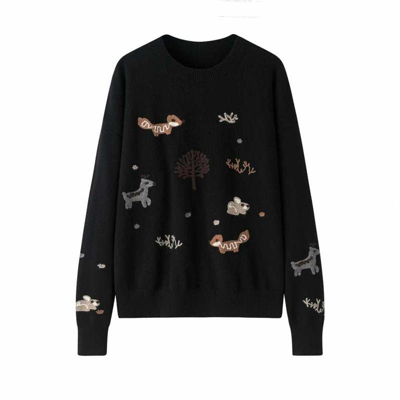 Womens Crew Neck Woodland Animal Intarsia Cashmere Sweater Pullover