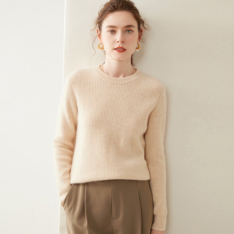 Womens Crew Neck Cashmere Sweater Ribbed Texture Cashmere Pullover Beige XS
