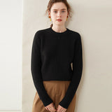 Womens Crew Neck Cashmere Sweater Ribbed Texture Cashmere Pullover Black XS
