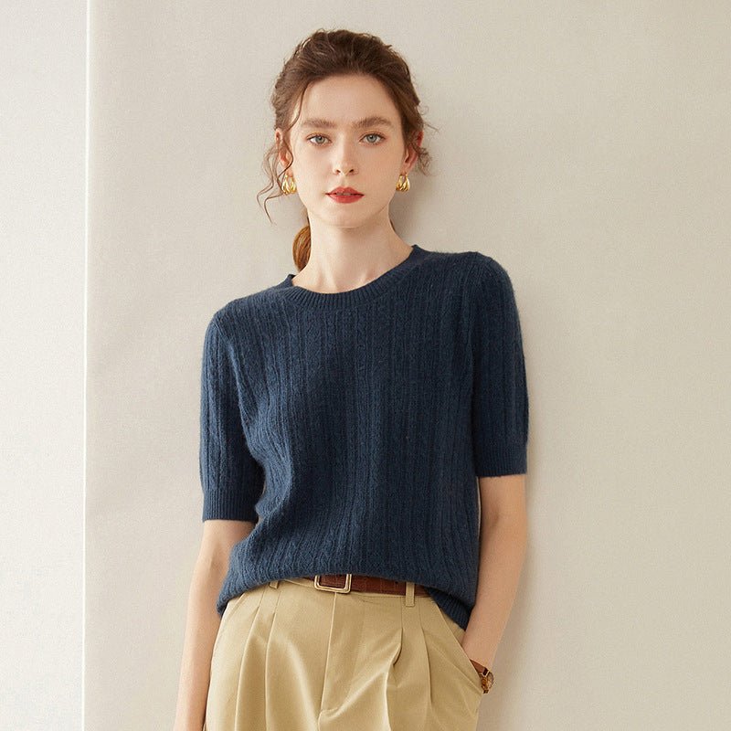 Womens Crew Neck Cashmere Sweater Short Sleeve Textured Cashmere Knit Top Blue XS