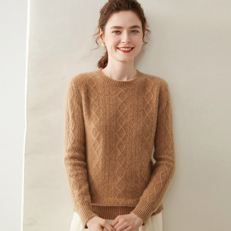 Womens Diamond Knit Cashmere Sweater Long Sleeve Crew Neck Cashmere Pullover Gold Camel XS
