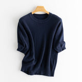 Womens Elbow Sleeve Cashmere Sweater Crew Neck Cashmere Pullover