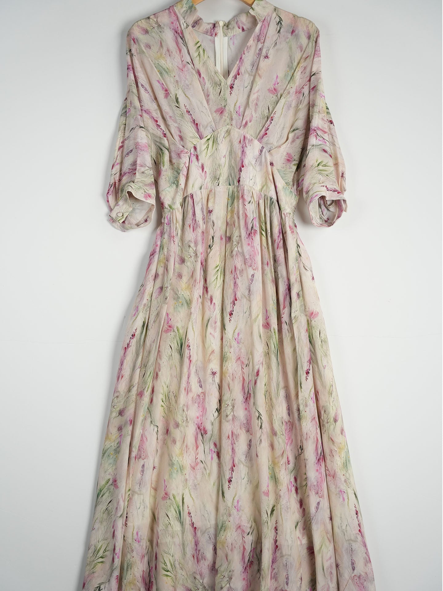 Womens Empire Waist Silk Floral Dress Flowing Sleeve Silk Maxi Dress Pink XS