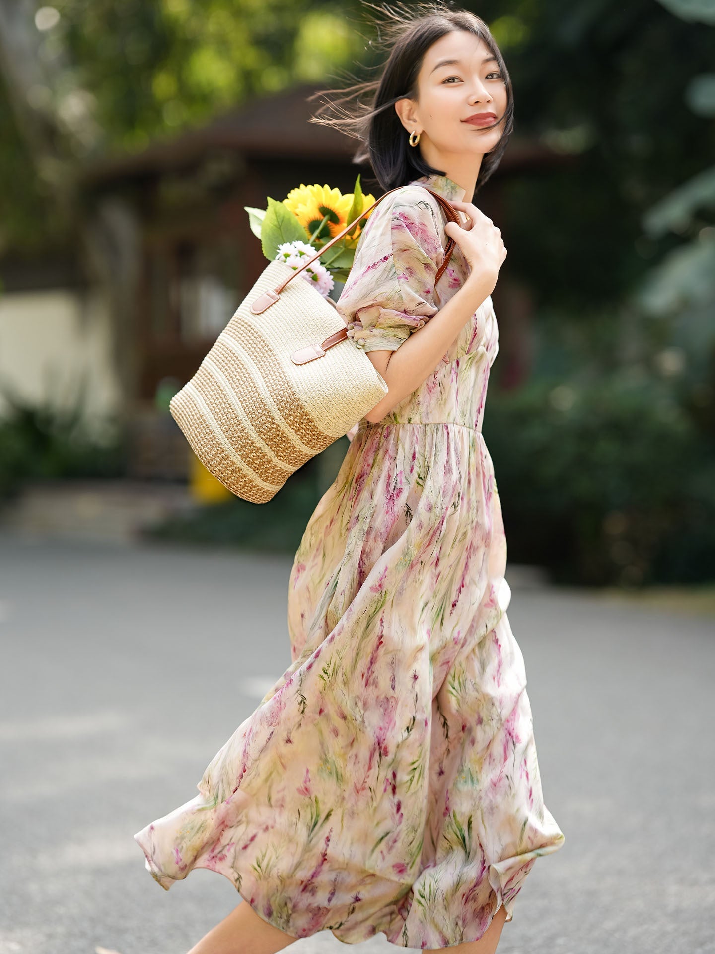 Womens Empire Waist Silk Floral Dress Flowing Sleeve Silk Maxi Dress Pink XS
