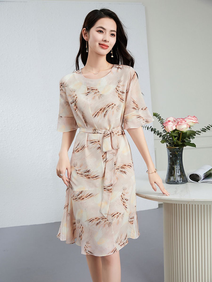 Womens Feather Print Silk Midi Dress with Waist Tie Short Sleeve Silk Floral Dress Pink XS