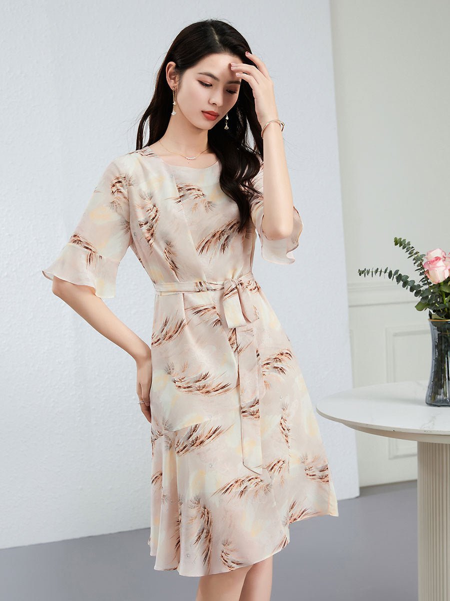 Womens Feather Print Silk Midi Dress with Waist Tie Short Sleeve Silk Floral Dress Pink XS