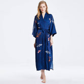 womens floral pure Silk Kimono Robes 100% Mulberry Silk Bathrobe Navy Blue One size fits most