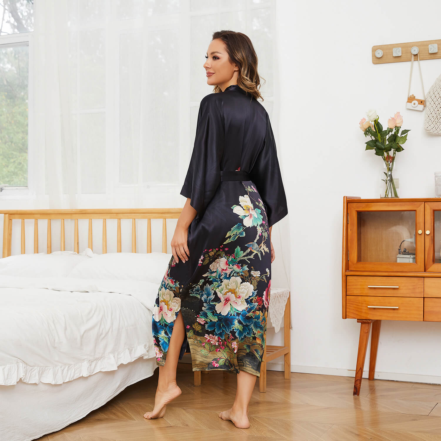 Women's Floral Print Pure Silk Kimono Robes