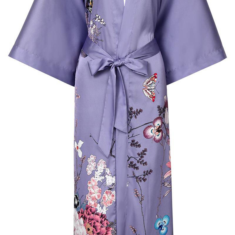 Women's Full Length Floral Print Silk Kimono Robes