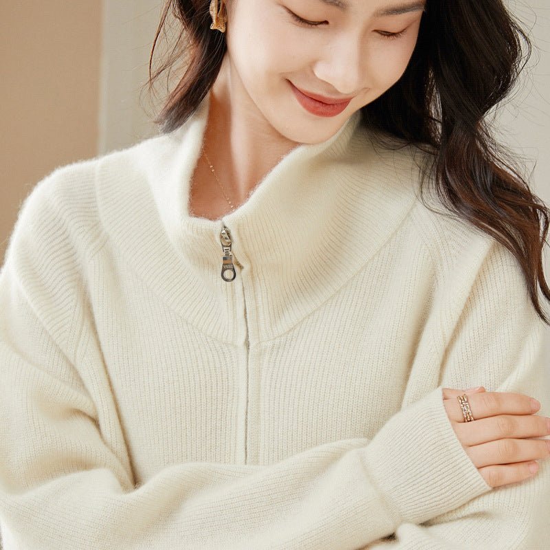 Womens Cashmere Zip - Up Cardigan Stand Collar Jacket Cashmere Coat