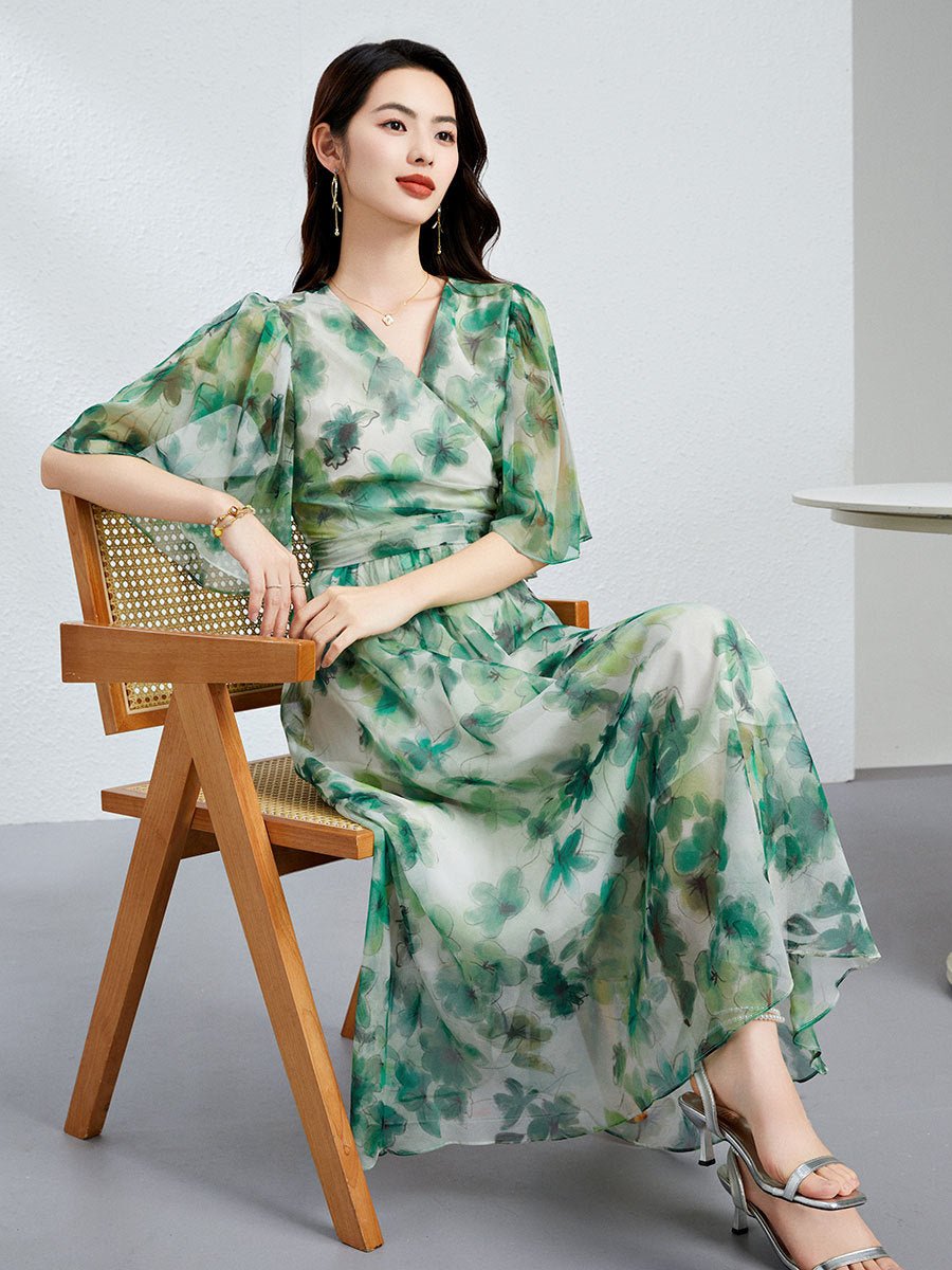 Womens Green Silk Chiffon Dress Silk Maxi Dress Silk Floral Dress Green XS