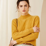 Womens Diamond Cable Knit Mock Neck Long Sleeve Cashmere Sweater
