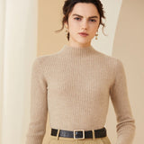 Womens Mock Neck Long Sleeves Ribbed Cashmere Sweater