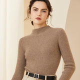 Womens Mock Neck Long Sleeves Ribbed Cashmere Sweater