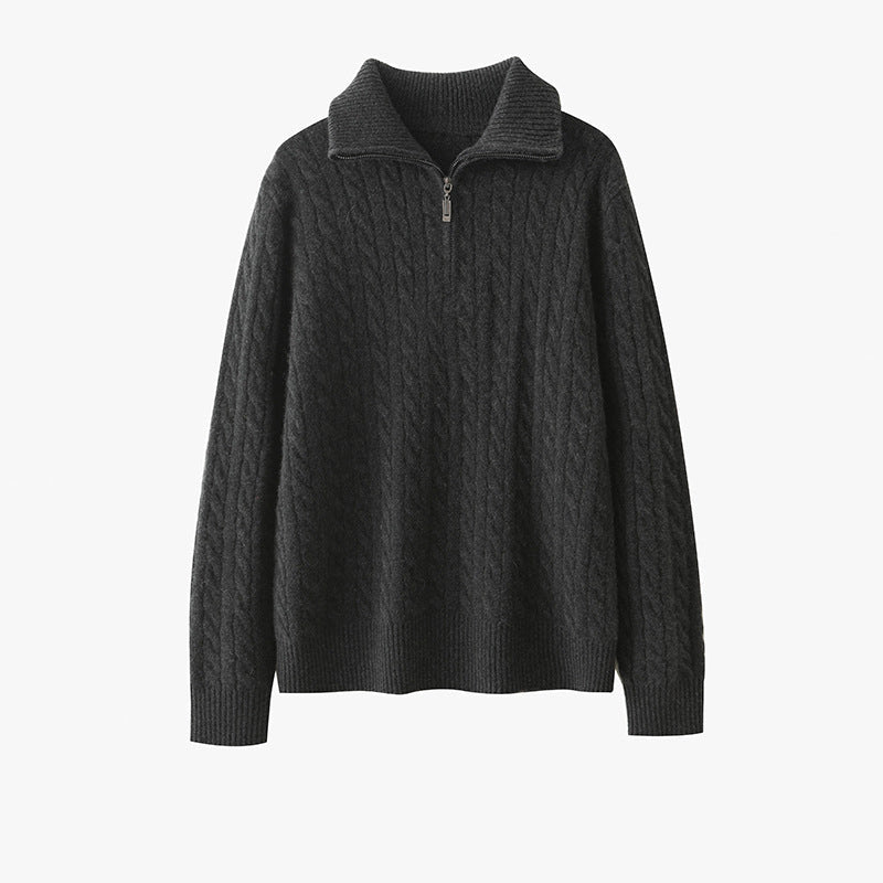 Womens Half-Zip Cable Knit Pure Cashmere Sweater Collared Cashmere Pullover Gray XS