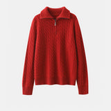 Womens Half-Zip Cable Knit Pure Cashmere Sweater Collared Cashmere Pullover Claret XS