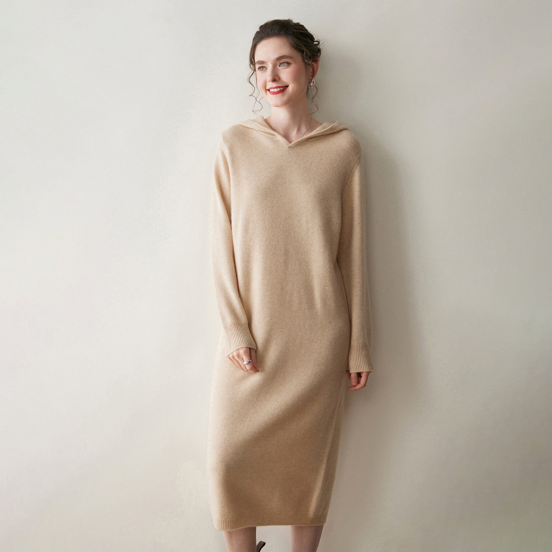 Womens Hooded Cashmere Sweater Dress Long Sleeve Cashmere Midi Dress Beige XS