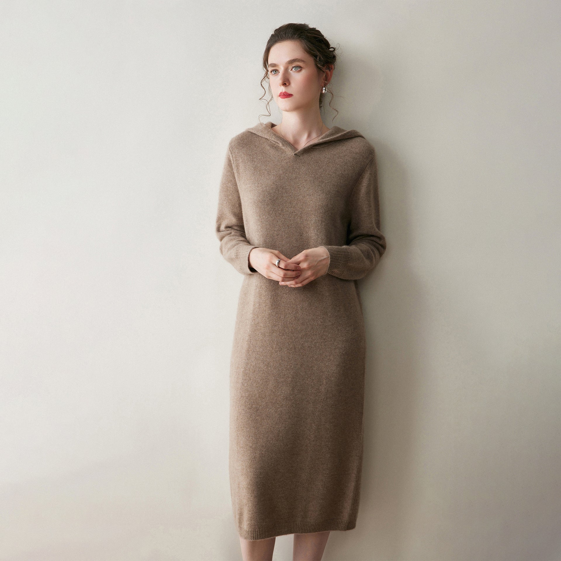 Womens Hooded Cashmere Sweater Dress Long Sleeve Cashmere Midi Dress Taupe XS