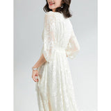 Womens Jacquard Lace Silk Maxi Dress Long Sleeve Silk Dress