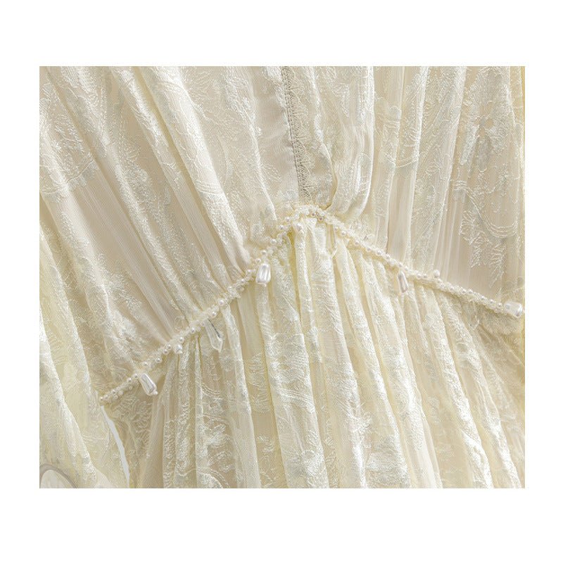 Womens Jacquard Lace Silk Maxi Dress Long Sleeve Silk Dress