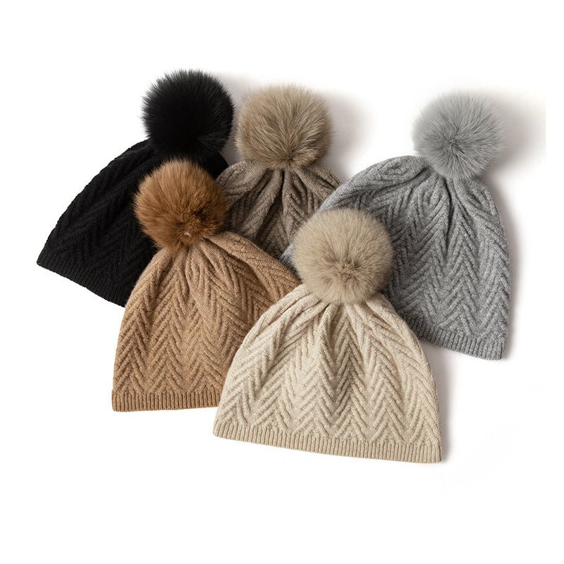 Womens Knitted Cashmere Beanie with Fur Pom Warm Pure Cashmere Hats Multi Colors