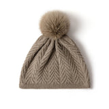 Womens Knitted Cashmere Beanie with Fur Pom Warm Pure Cashmere Hats Multi Colors